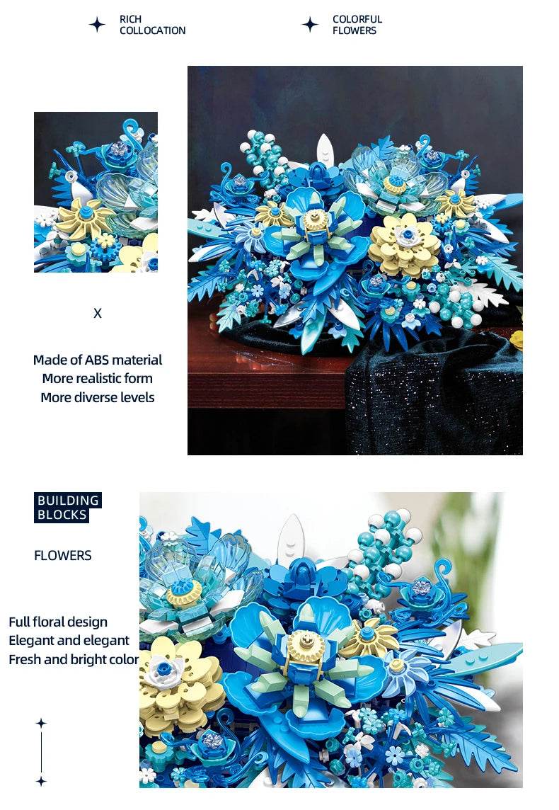917PCS Preserved Flower Bouquet Building Blocks Fantasy Blue Flowers Assembly Model Bricks Toy Creative Home Decor Gift - ToylandEU