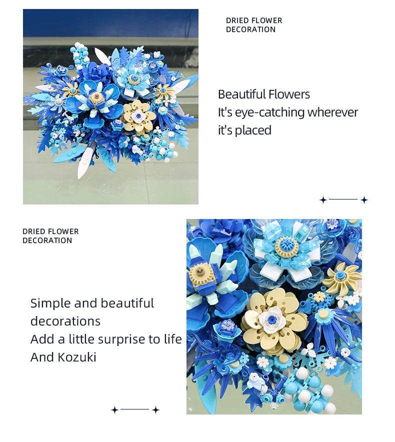 917PCS Preserved Flower Bouquet Building Blocks Fantasy Blue Flowers Assembly Model Bricks Toy Creative Home Decor Gift - ToylandEU