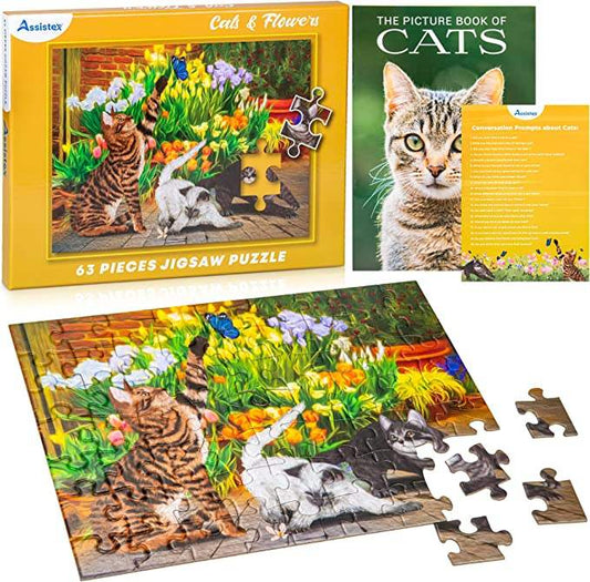 Senior Jigsaw Puzzle | 63 Large Pieces | Cat Flower Theme | Memory Game