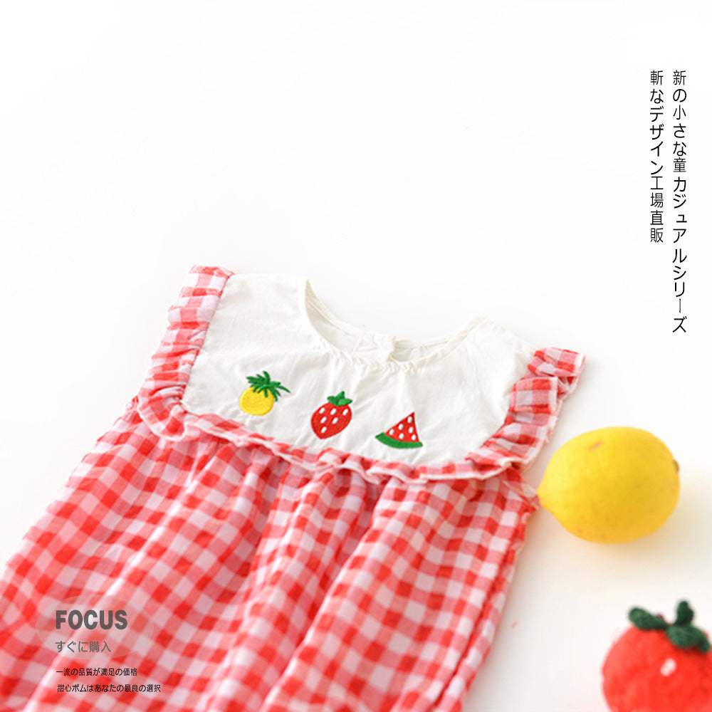 Baby Girl Plaid Lace-Sleeve Triangle Romper | Sleeveless