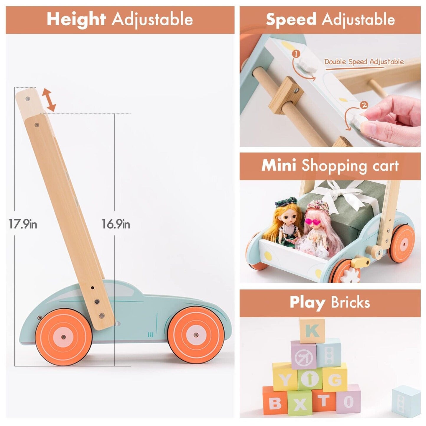 ROBUD Multifunction Wooden Baby Walker Push Toy with ABC 123 Traffic Sign Blocks - ToylandEU