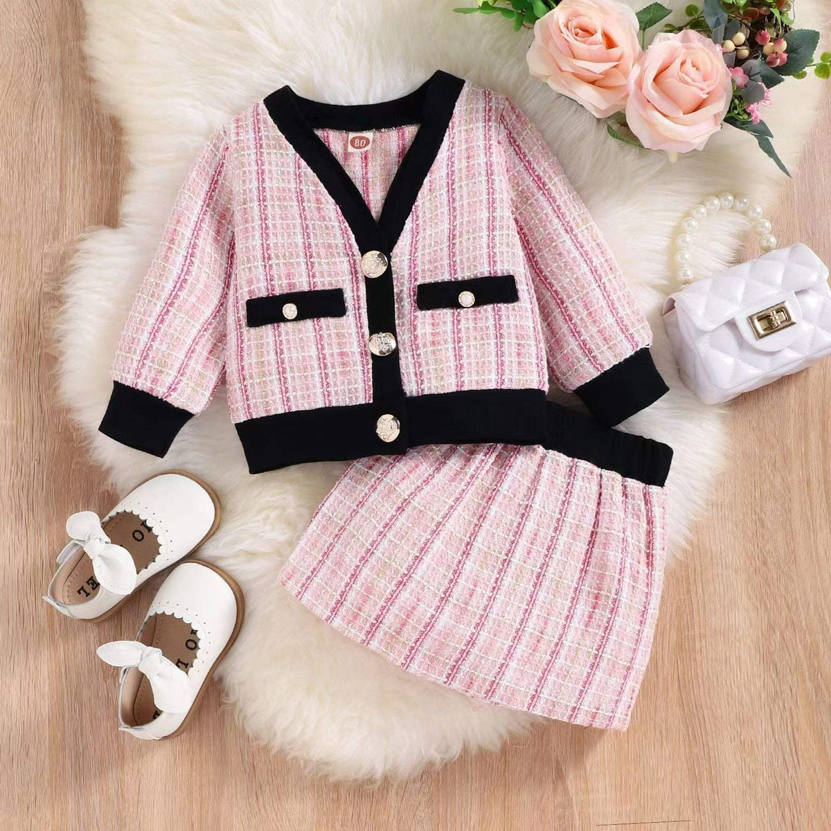 Girls' Long-Sleeve Plaid Skirt Suit | Hemp Blend | Two-Piece Set