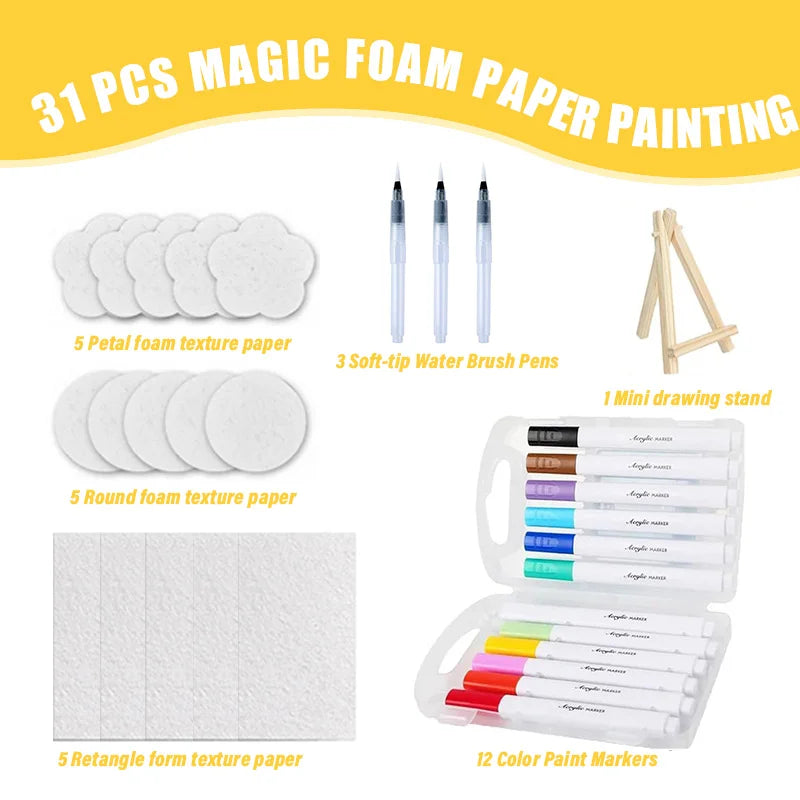 3D Puffy Paint Kit | 15 Foam Sheets | 12 Acrylic Markers | 3 Water Brushes