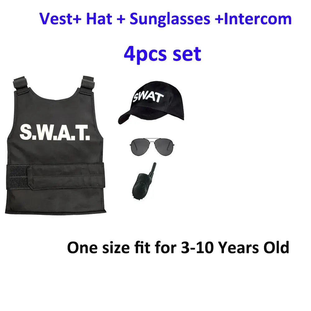 Kids Unisex Policeman Fancy Dress Costume Halloween Blue and Black FBI Uniform SWAT Police Officer Costume For Boys Girls - ToylandEU