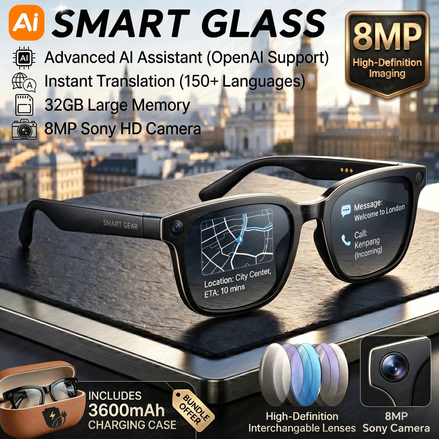 2026New 8MP 4K HD Camera AI Glasses Men 3600mAh Power Bank 32G Memory 160+ Translation Glasses Waterproof Smart Sunglasses Women - ToylandEU