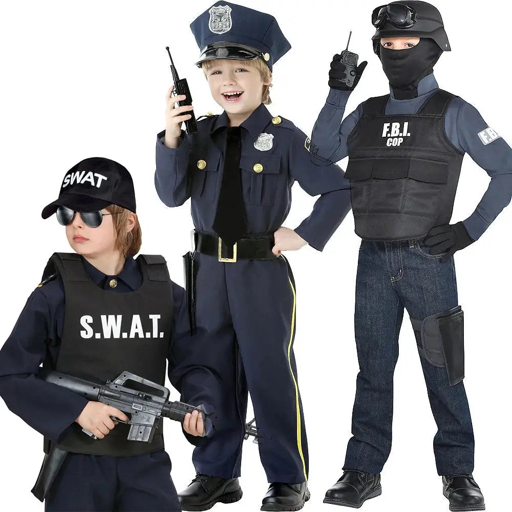 Kids Unisex Policeman Fancy Dress Costume Halloween Blue and Black FBI Uniform SWAT Police Officer Costume For Boys Girls - ToylandEU