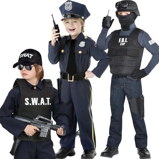 Kids Unisex Policeman Fancy Dress Costume Halloween Blue and Black FBI Uniform SWAT Police Officer Costume For Boys Girls - ToylandEU
