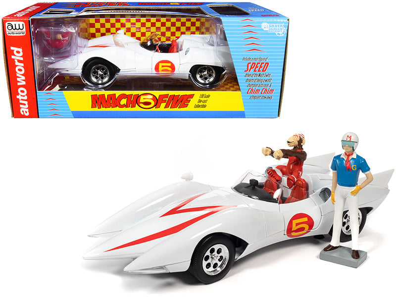 Mach 5 Five White Diecast Car Model with Speed Racer and Chim-Chim Monkey Figurines 1/18 Scale