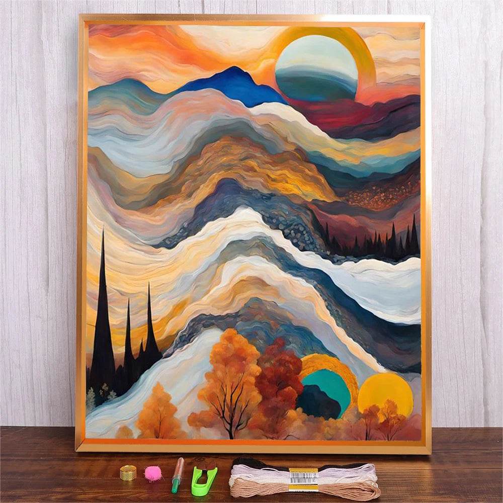 Abstract Mountain Cross Stitch Kit - DIY Needlework Landscape on 11CT Canvas - ToylandEU