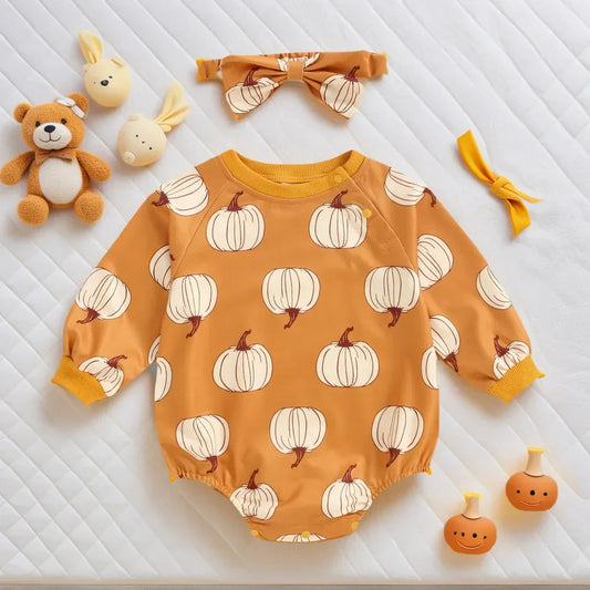 Adorable Baby Bodysuits Pumpkin Print With Headband Infants - ToylandEU