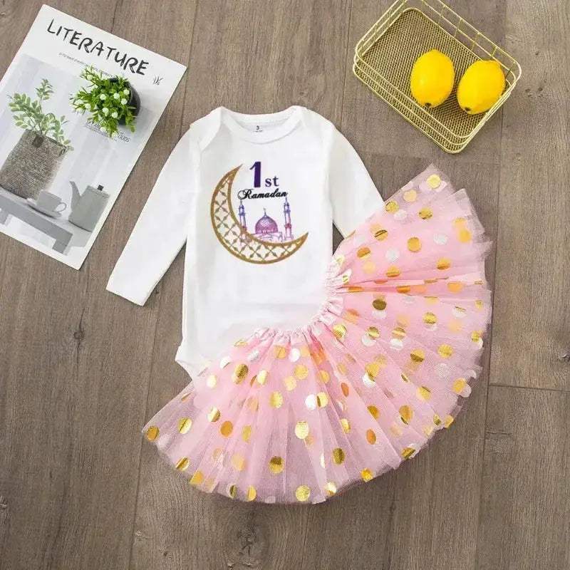 Adorable Baby Dress Set With Tulle Tutu Skirt Sequins And Long Sleeve For My First Ramadan Girl - ToylandEU