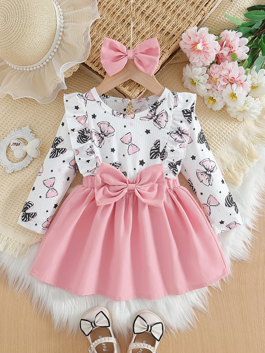 Adorable Baby Girl Dress Cartoon Bow Pattern Round Neck For 0 To 1 Year - ToylandEU
