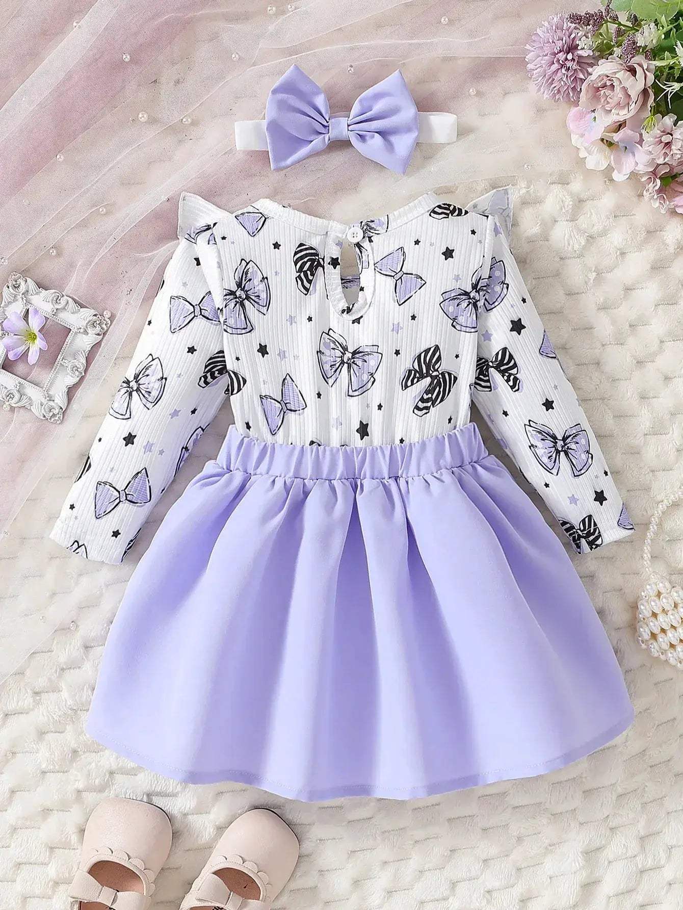 Adorable Baby Girl Dress Cartoon Bow Pattern Round Neck For 0 To 1 Year - ToylandEU