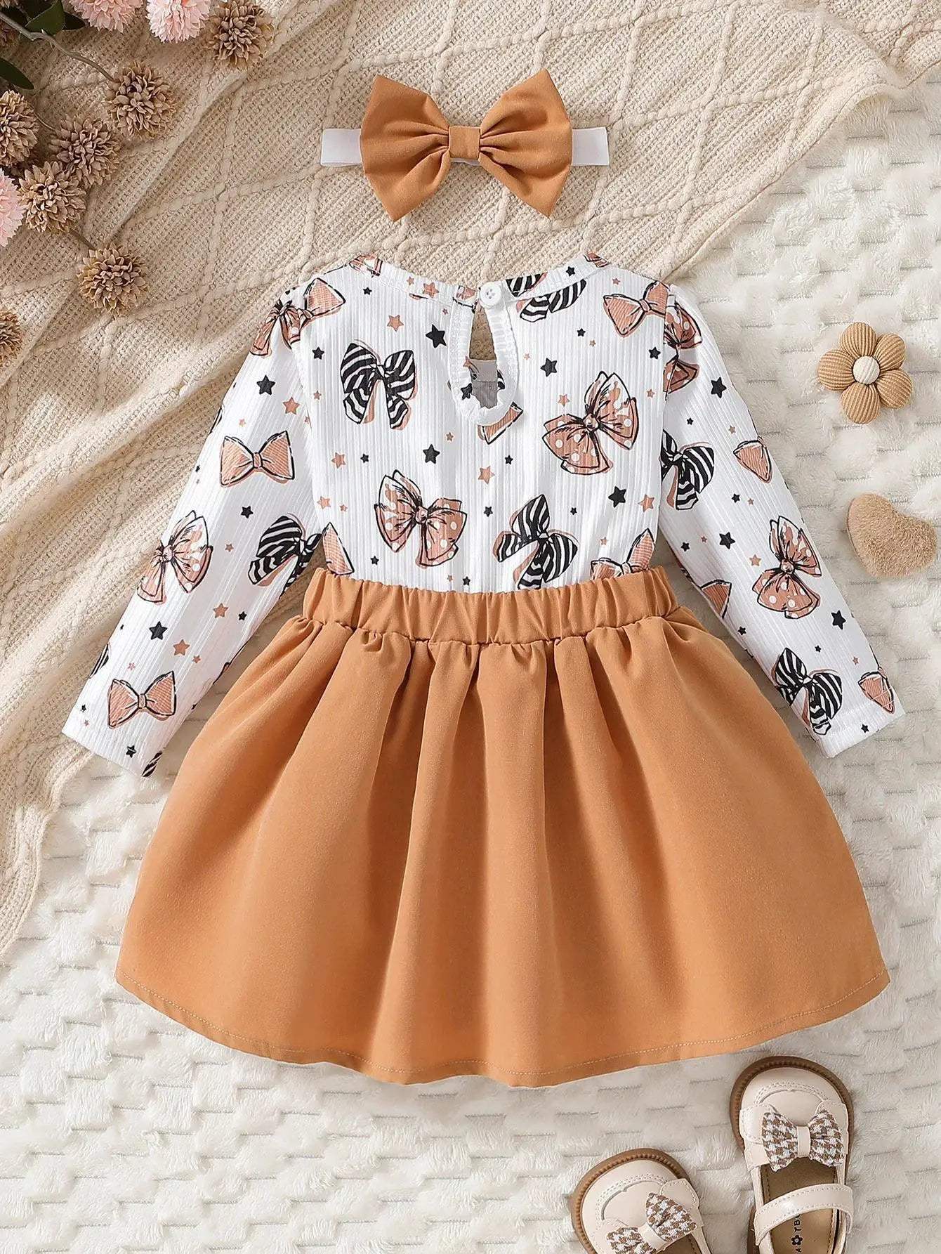 Adorable Baby Girl Dress Cartoon Bow Pattern Round Neck For 0 To 1 Year - ToylandEU