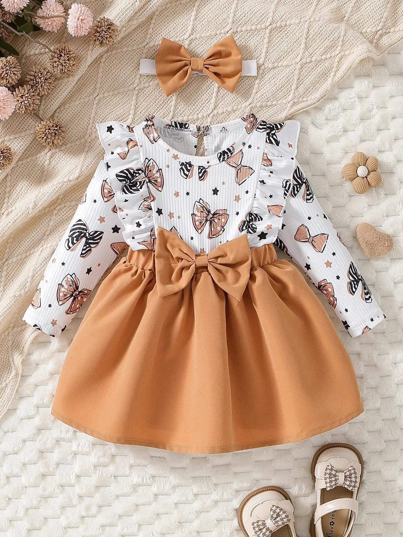 Adorable Baby Girl Dress Cartoon Bow Pattern Round Neck For 0 To 1 Year - ToylandEU