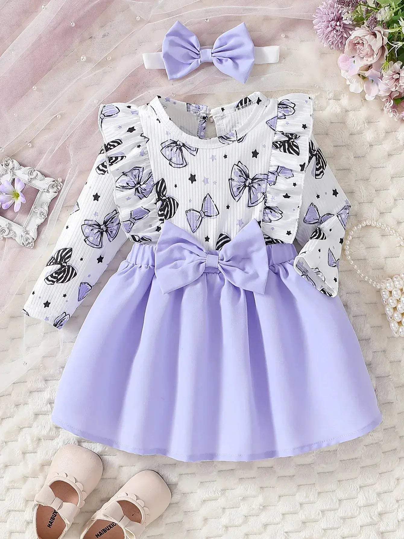 Adorable Baby Girl Dress Cartoon Bow Pattern Round Neck For 0 To 1 Year - ToylandEU