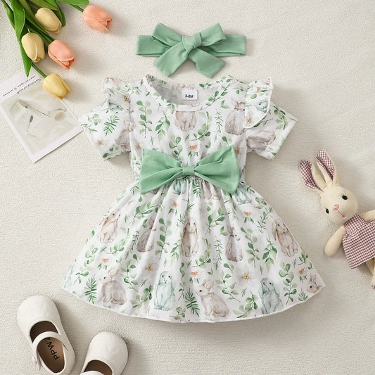 Adorable Baby Girl Dress With Bunny Plant Print Bow For 0 To 2 Year Olds Summer Wear - ToylandEU