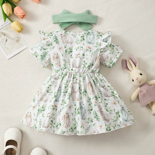 Adorable Baby Girl Dress With Bunny Plant Print Bow For 0 To 2 Year Olds Summer Wear - ToylandEU