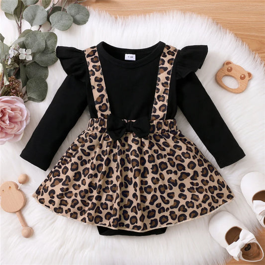 Adorable Baby Romper Dress Leopard Print Bow Long Sleeve For 0 To 18 Months - ToylandEU