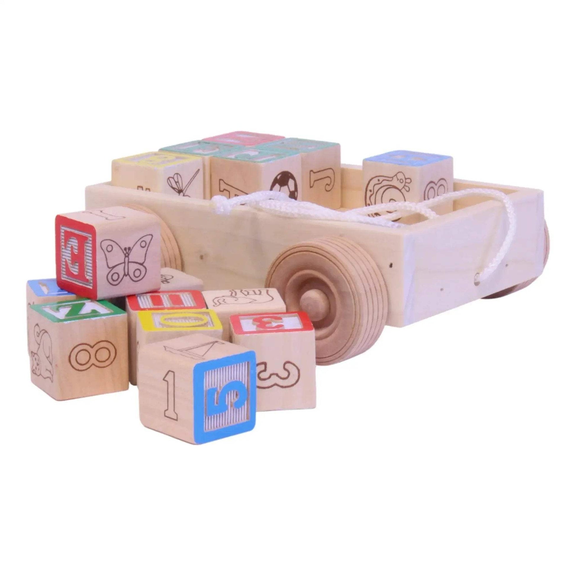 Amish-Made Wooden ABC Block Toddler Pull-String Wagon Toy - ToylandEU