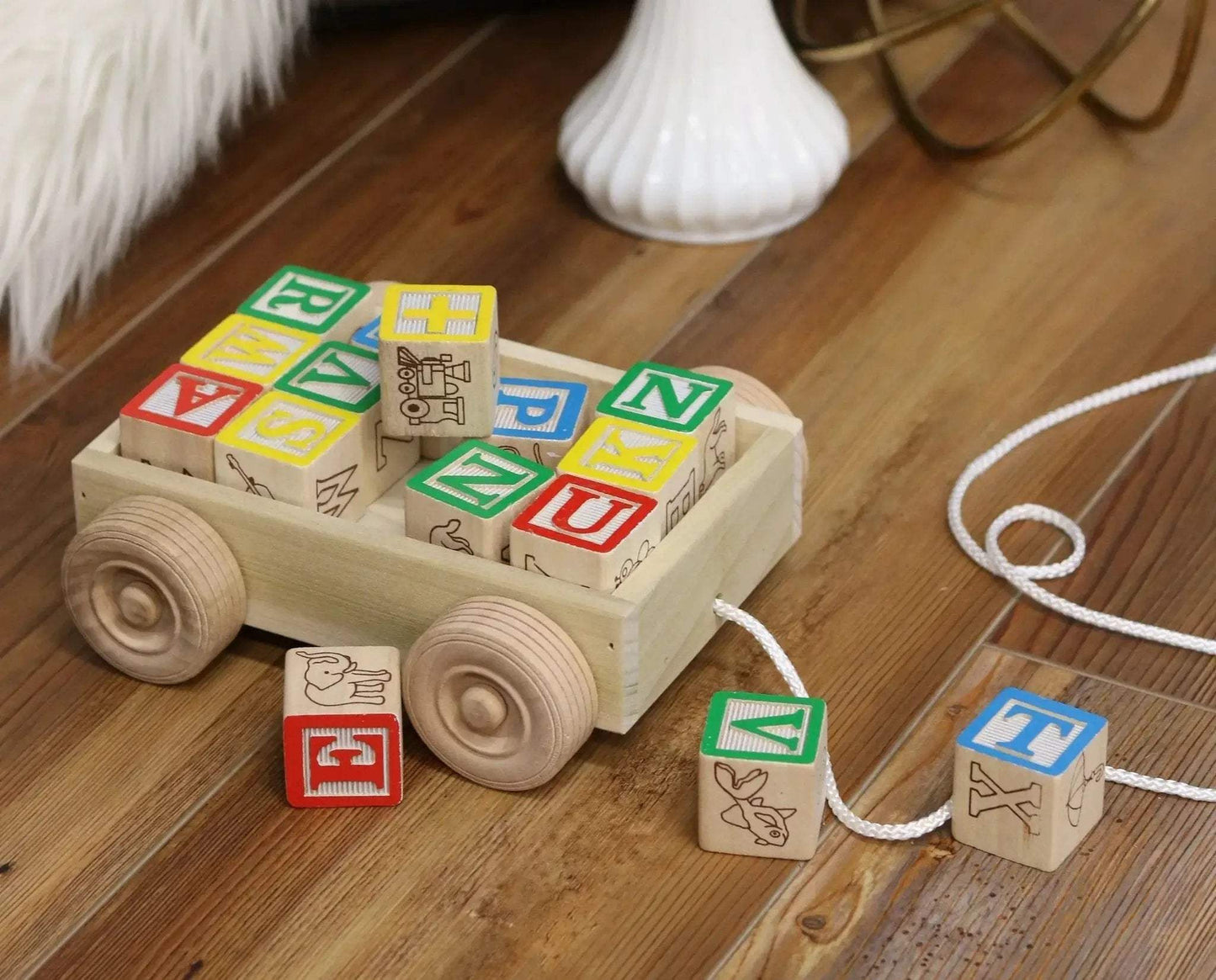Amish-Made Wooden ABC Block Toddler Pull-String Wagon Toy - ToylandEU