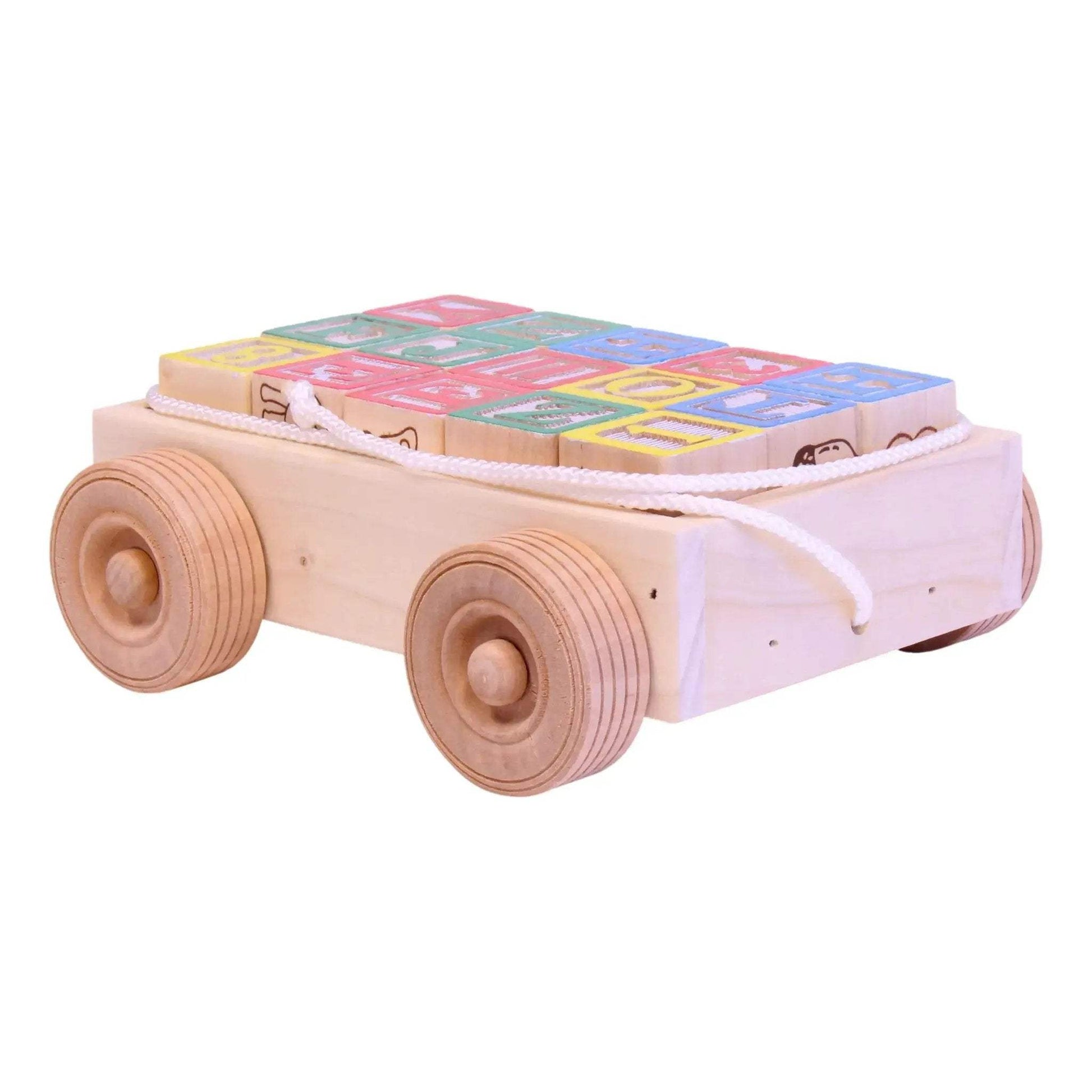 Amish-Made Wooden ABC Block Toddler Pull-String Wagon Toy - ToylandEU