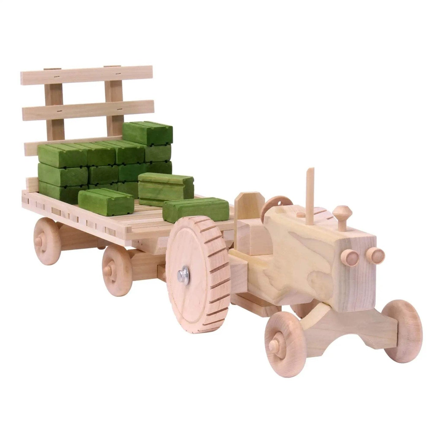 Amish-Made Wooden Toy Tractor & Hay Wagon Set with Hay Bales - ToylandEU