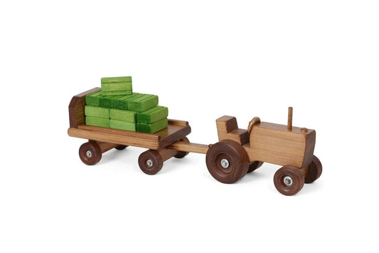 Amish-Made Wooden Toy Tractor and Wagon Set with Hay Bales - ToylandEU