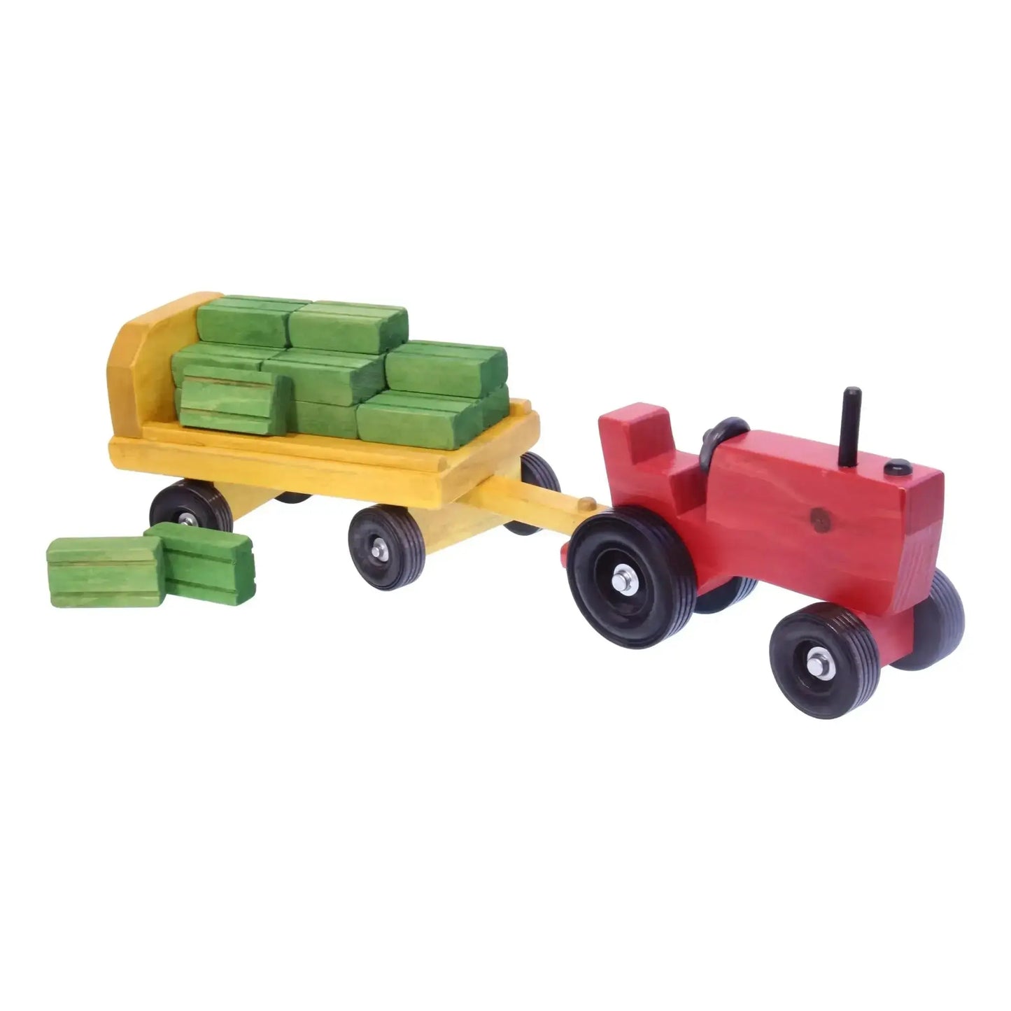Amish-Made Wooden Toy Tractor and Wagon Set with Hay Bales - ToylandEU