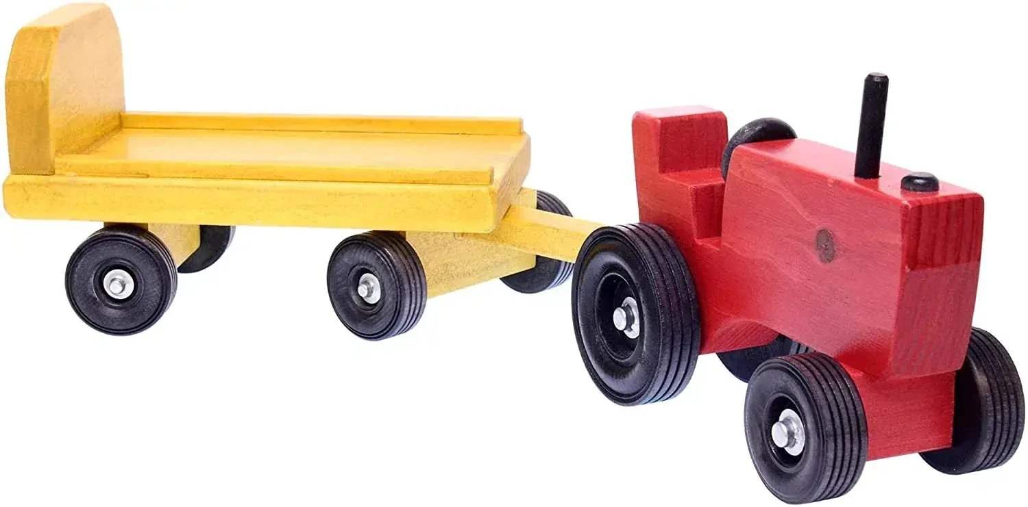 Amish-Made Wooden Toy Tractor and Wagon Set with Hay Bales - ToylandEU