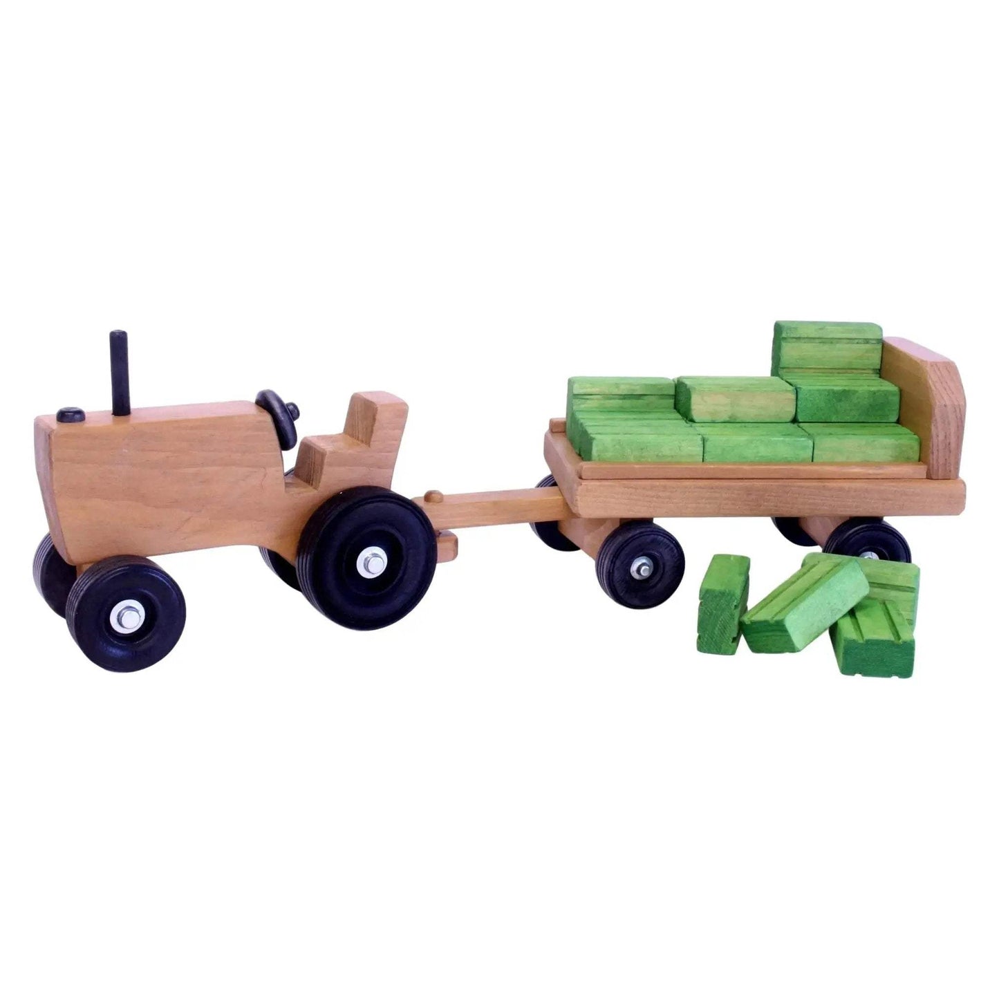 Amish-Made Wooden Toy Tractor and Wagon Set with Hay Bales - ToylandEU