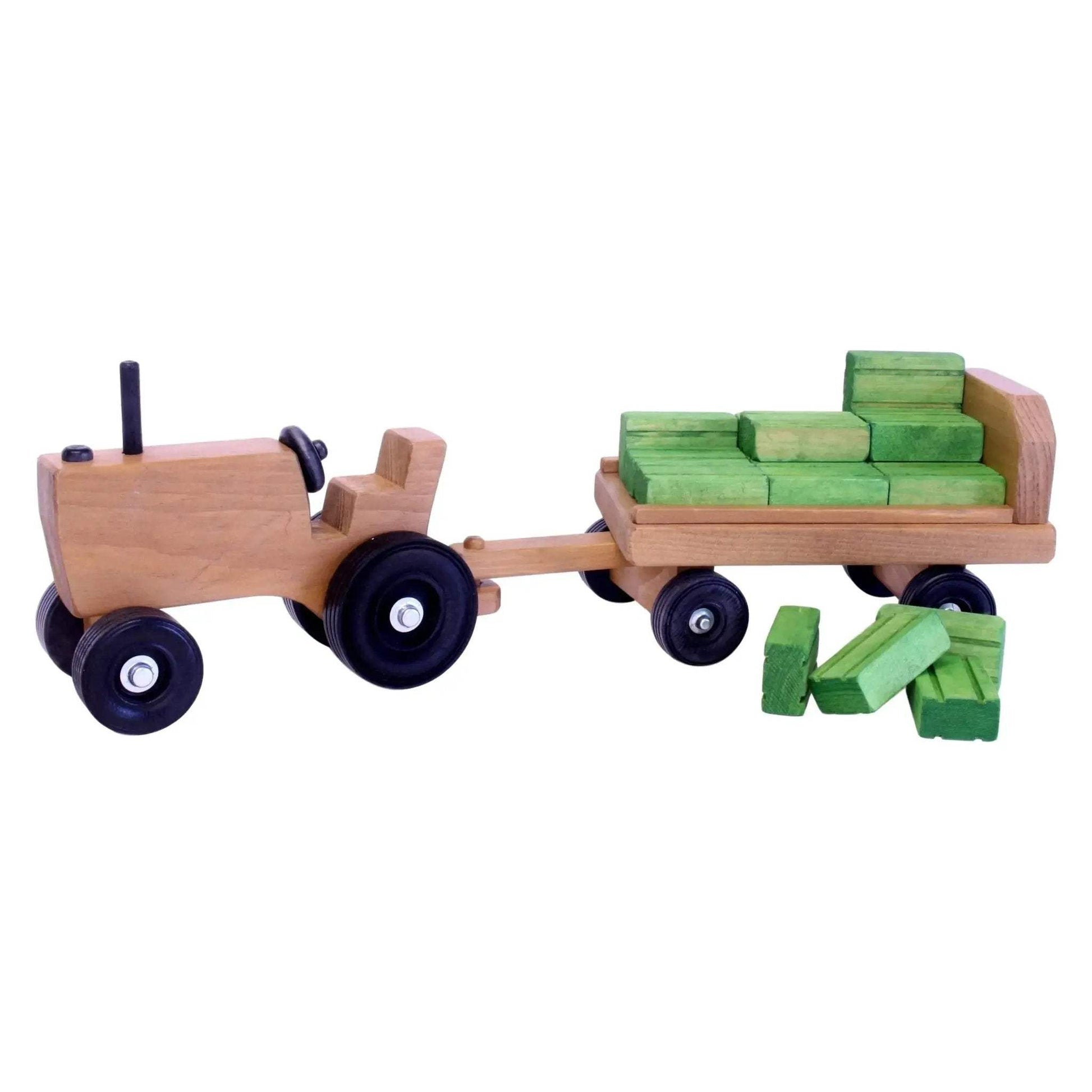 Amish-Made Wooden Toy Tractor and Wagon Set with Hay Bales - ToylandEU