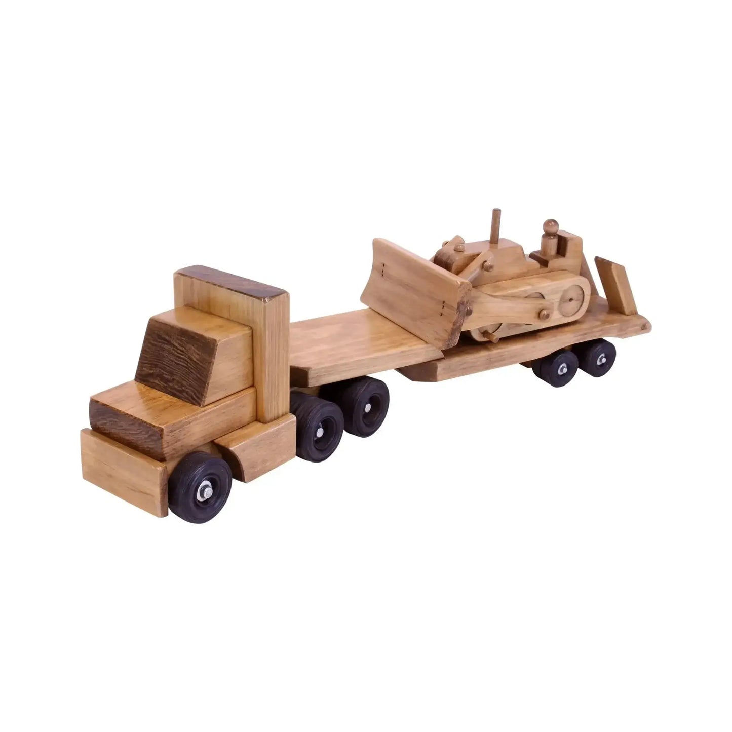Amish-Made Wooden Toy Truck & Low Boy Flatbed Trailer with Bulldozer Set - ToylandEU