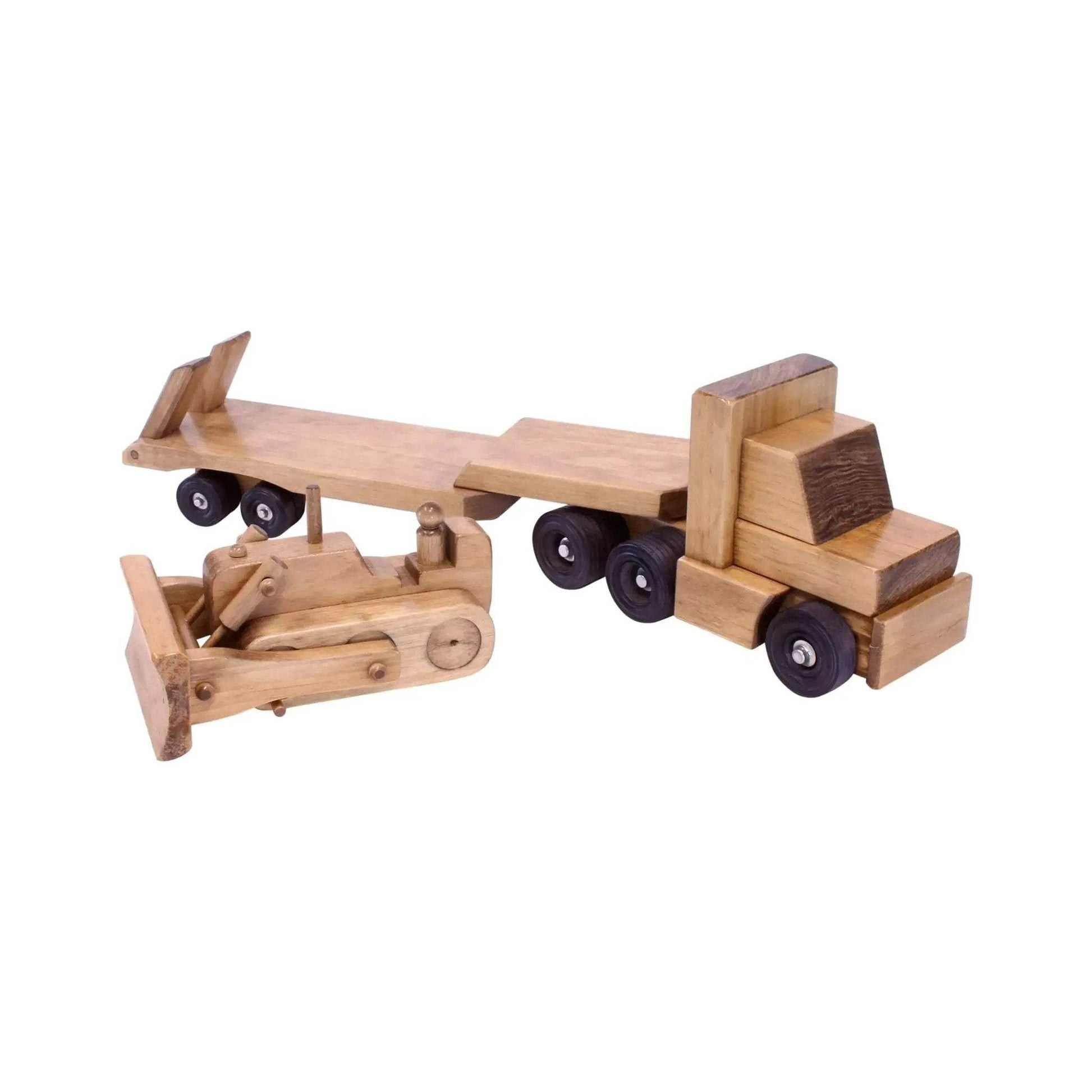 Amish-Made Wooden Toy Truck & Low Boy Flatbed Trailer with Bulldozer Set - ToylandEU