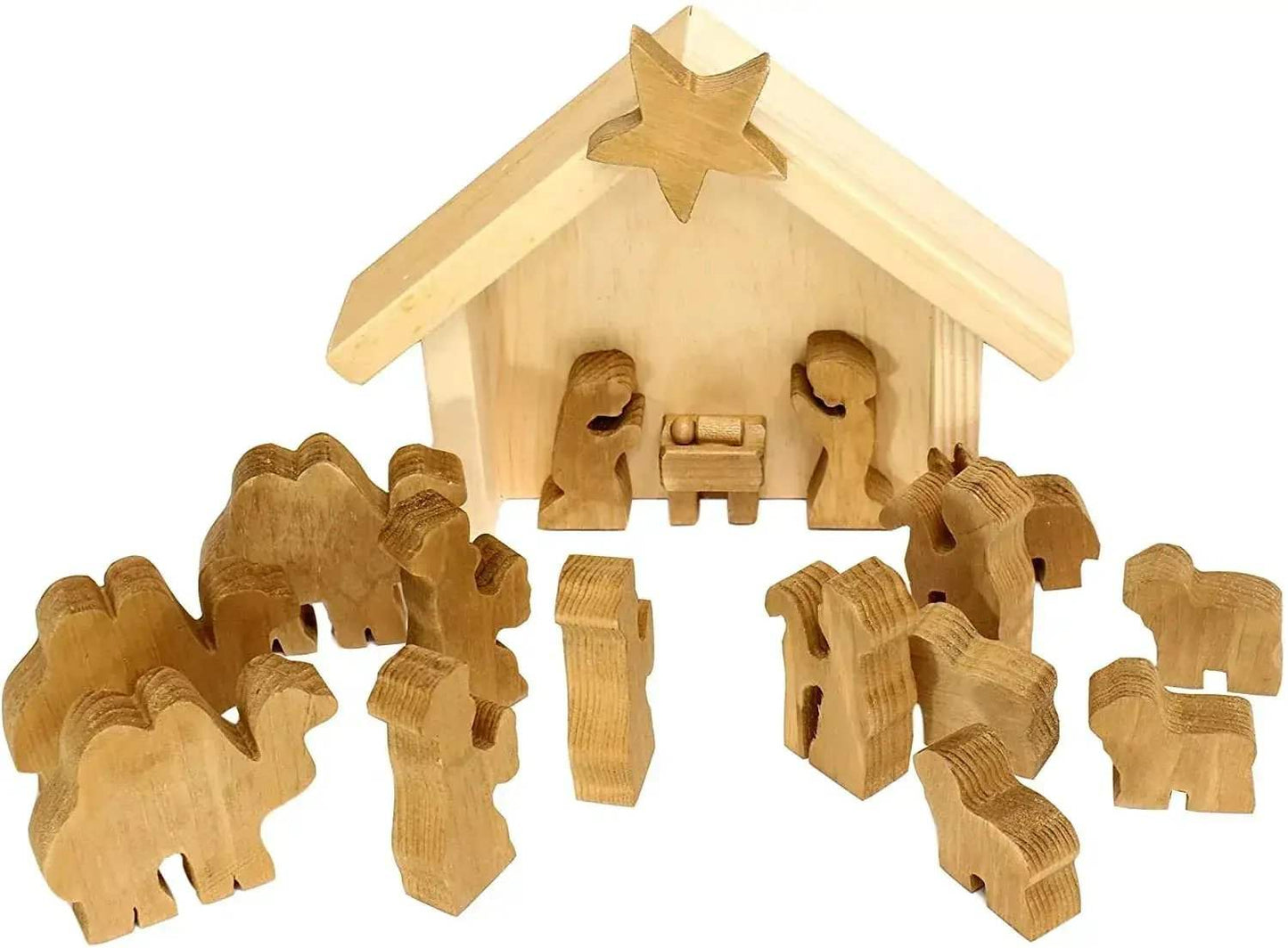 AmishToyBox.com Wooden Nativity Manger Scene Set, 14 Pieces - ToylandEU