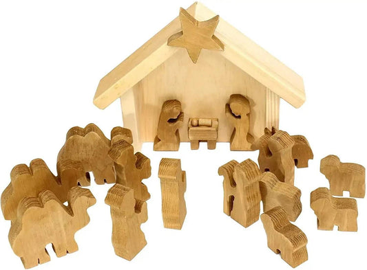 AmishToyBox.com Wooden Nativity Manger Scene Set, 14 Pieces - ToylandEU