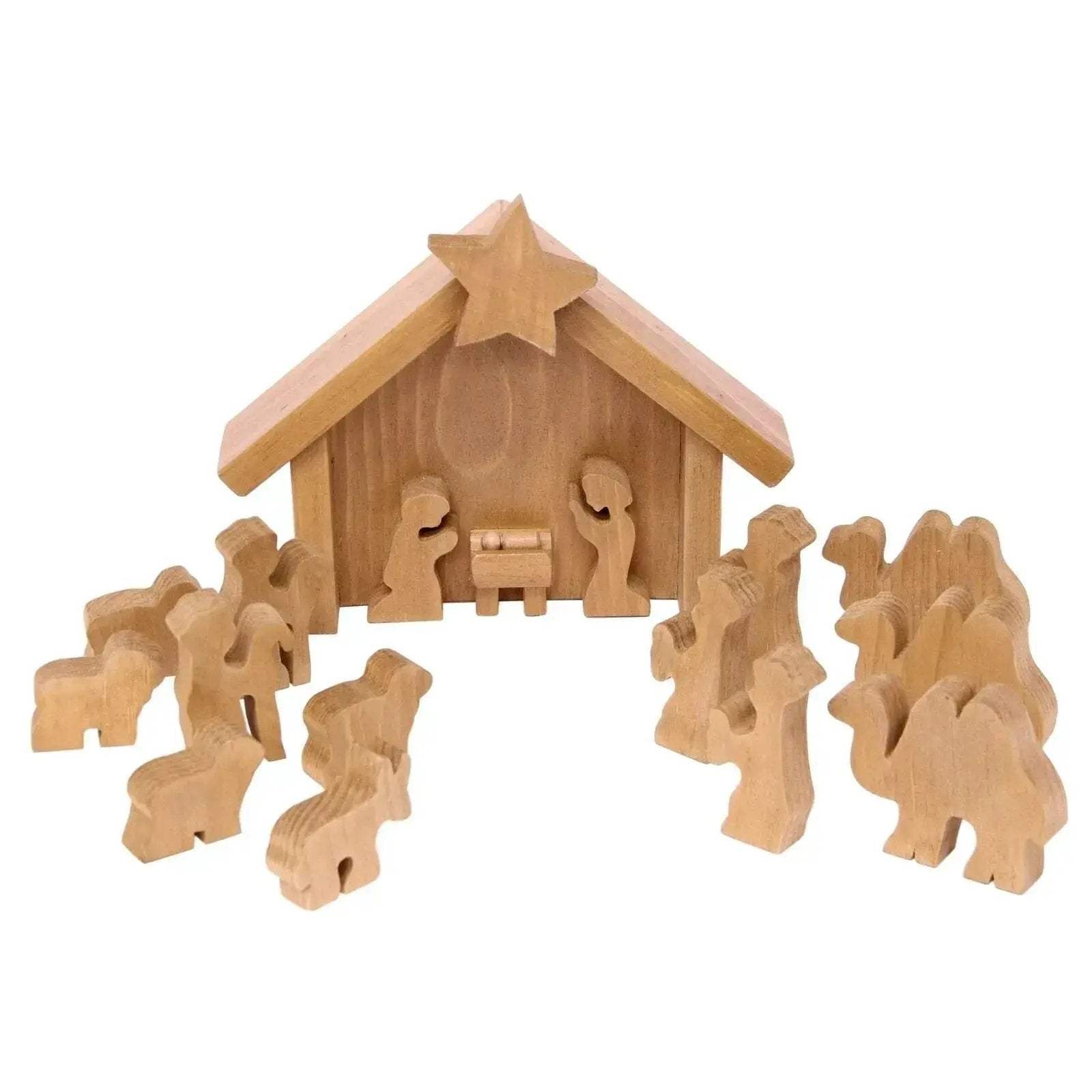 AmishToyBox.com Wooden Nativity Manger Scene Set, 14 Pieces - ToylandEU