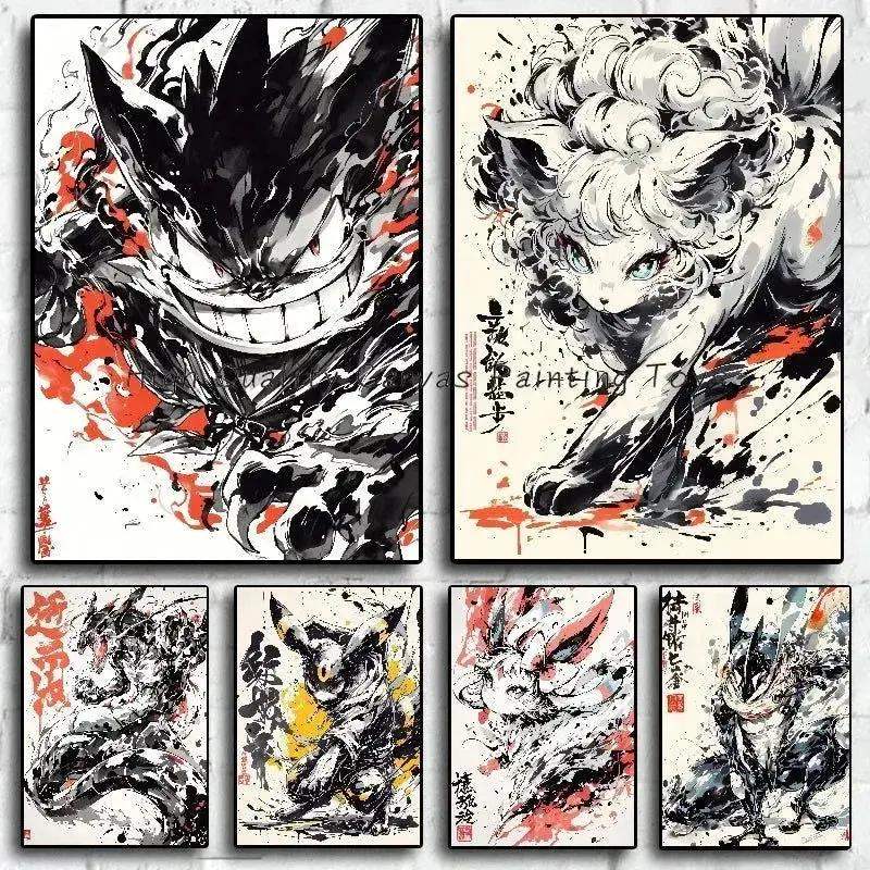 Anime Pokemon Ink Painting Canvas Posters, Painting Prints Posters and Prints Wall Art Picture for Living Room Children Gift - ToylandEU