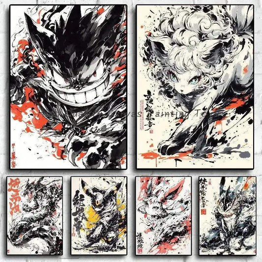 Anime Pokemon Ink Painting Canvas Posters, Painting Prints Posters and Prints Wall Art Picture for Living Room Children Gift - ToylandEU