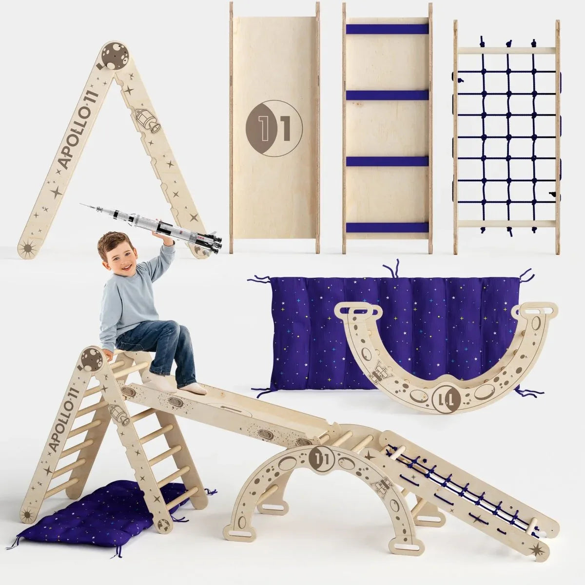Apollo 5in1 Climbing Set:  Pikler Triangle, Net, Arch, Slide Board, and Cushion for Little Astronauts - ToylandEU