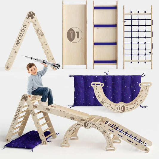 Apollo 5in1 Climbing Set:  Pikler Triangle, Net, Arch, Slide Board, and Cushion for Little Astronauts - ToylandEU