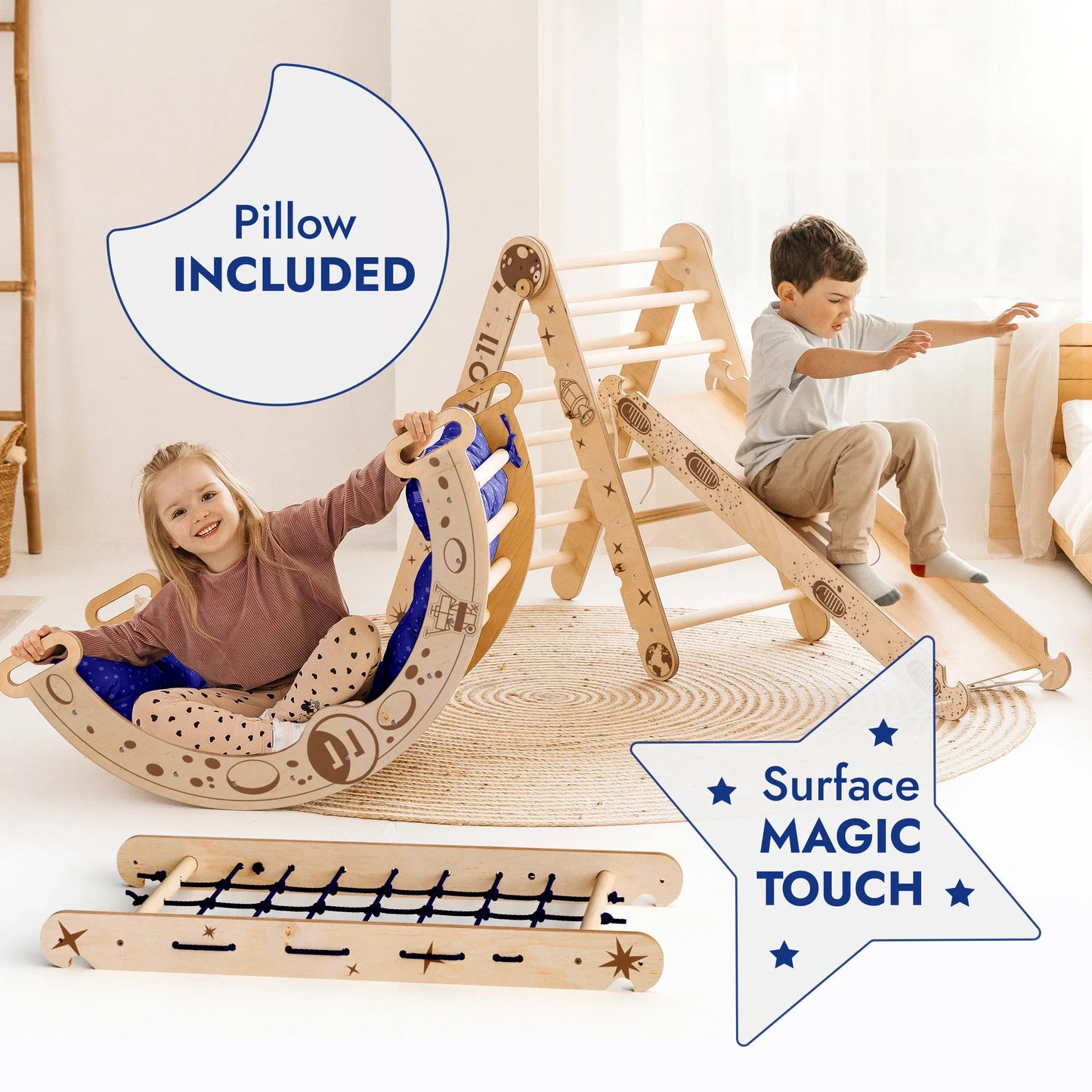 Apollo 5in1 Climbing Set:  Pikler Triangle, Net, Arch, Slide Board, and Cushion for Little Astronauts - ToylandEU