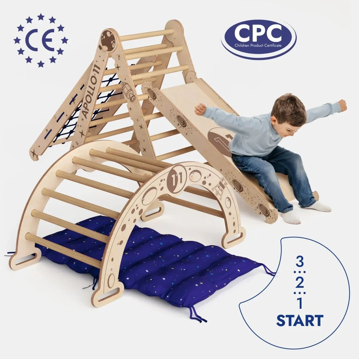 Apollo 5in1 Climbing Set:  Pikler Triangle, Net, Arch, Slide Board, and Cushion for Little Astronauts - ToylandEU