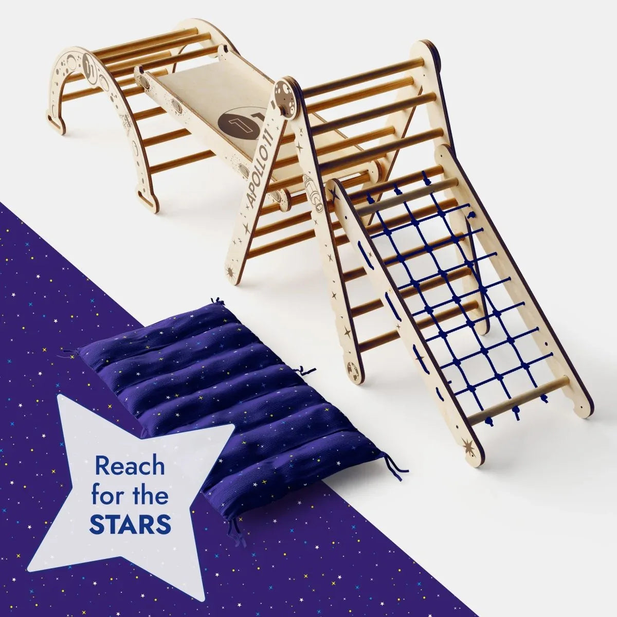 Apollo 5in1 Climbing Set:  Pikler Triangle, Net, Arch, Slide Board, and Cushion for Little Astronauts - ToylandEU