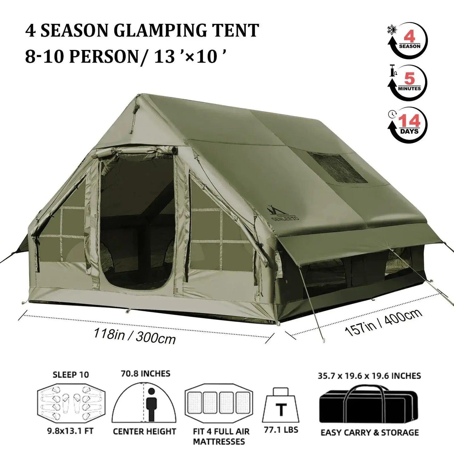  Army Green Inflatable Camping Tent Waterproof 4 Season -  ToylandEU™