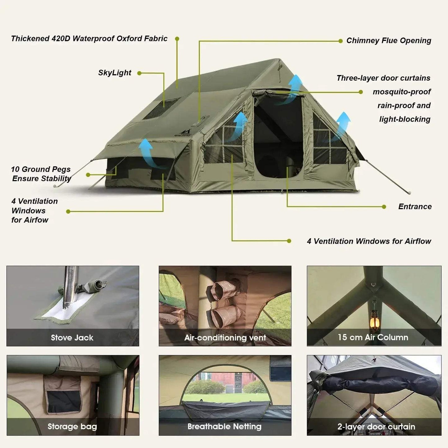 Army Green Inflatable Camping Tent Waterproof Windproof Chimney 4 Season - ToylandEU