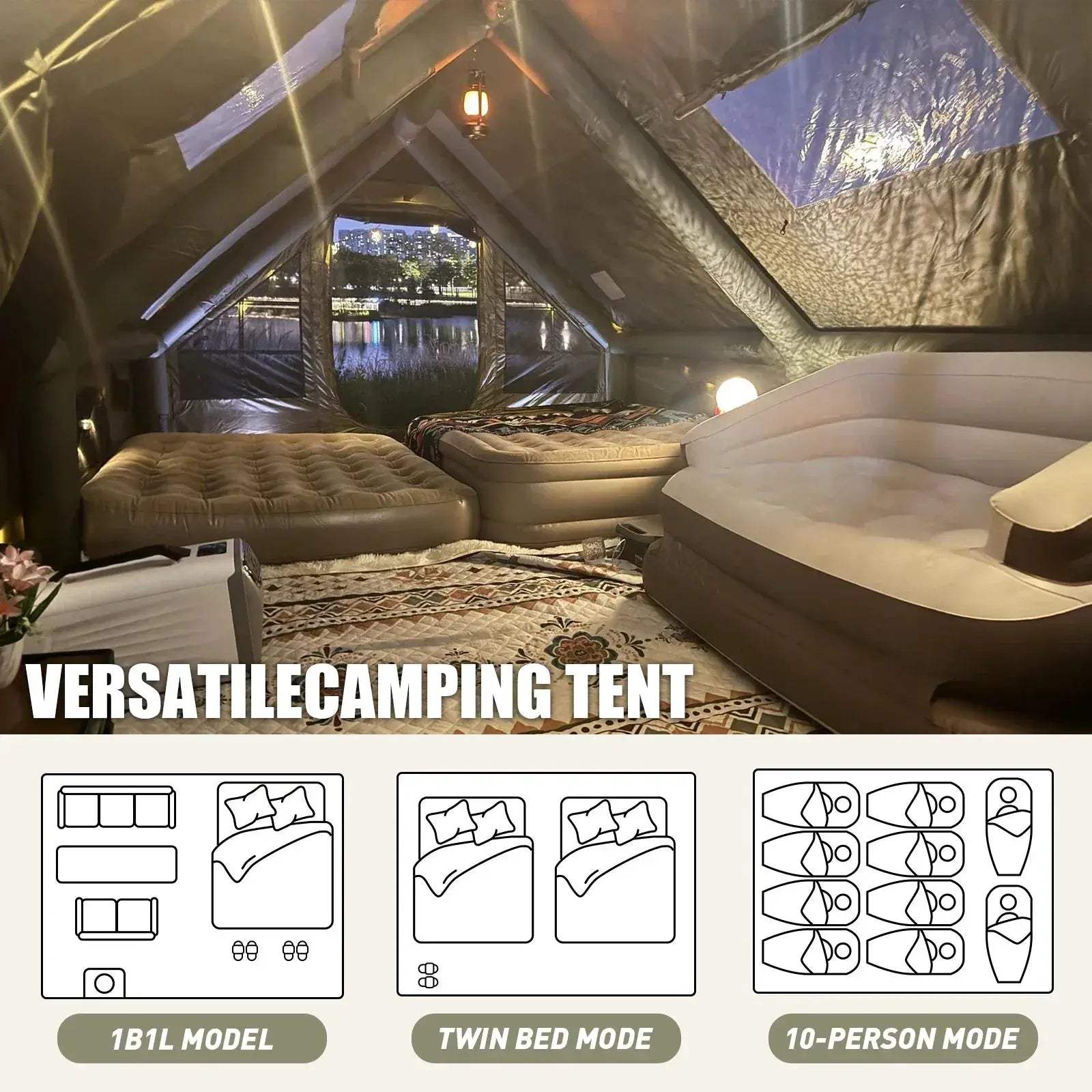 Army Green Inflatable Camping Tent Waterproof Windproof Chimney 4 Season - ToylandEU