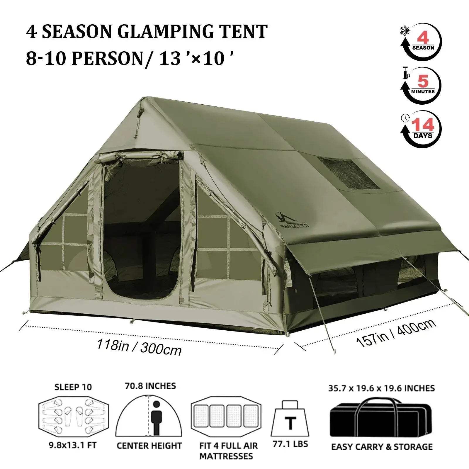 Army Green Inflatable Camping Tent Waterproof Windproof Chimney 4 Season - ToylandEU
