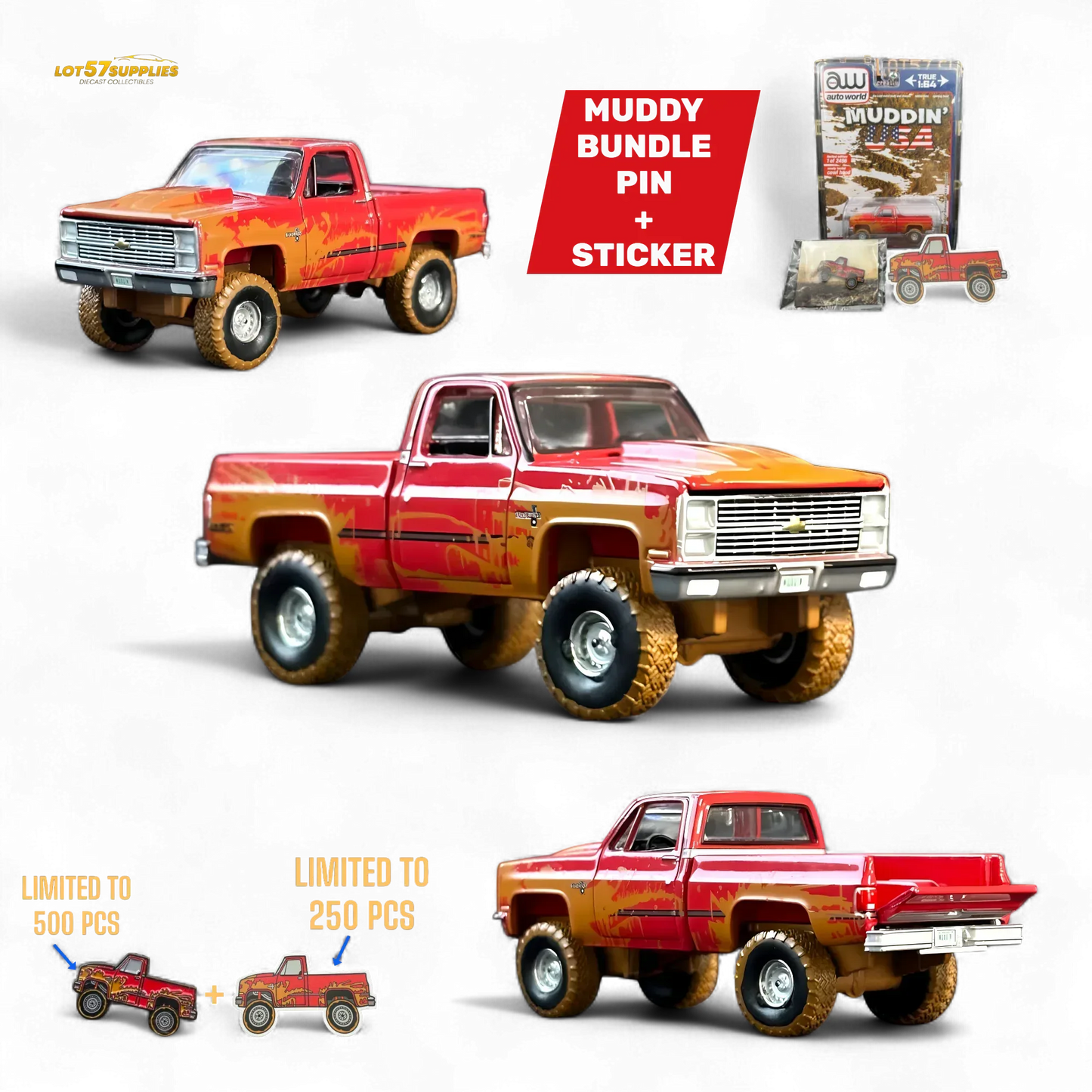 Auto World 1983 Chevrolet Silverado K10 4x4 Muddy LIFTED Squarebody 1:64 BUNDLE 1:64 - ToylandEU