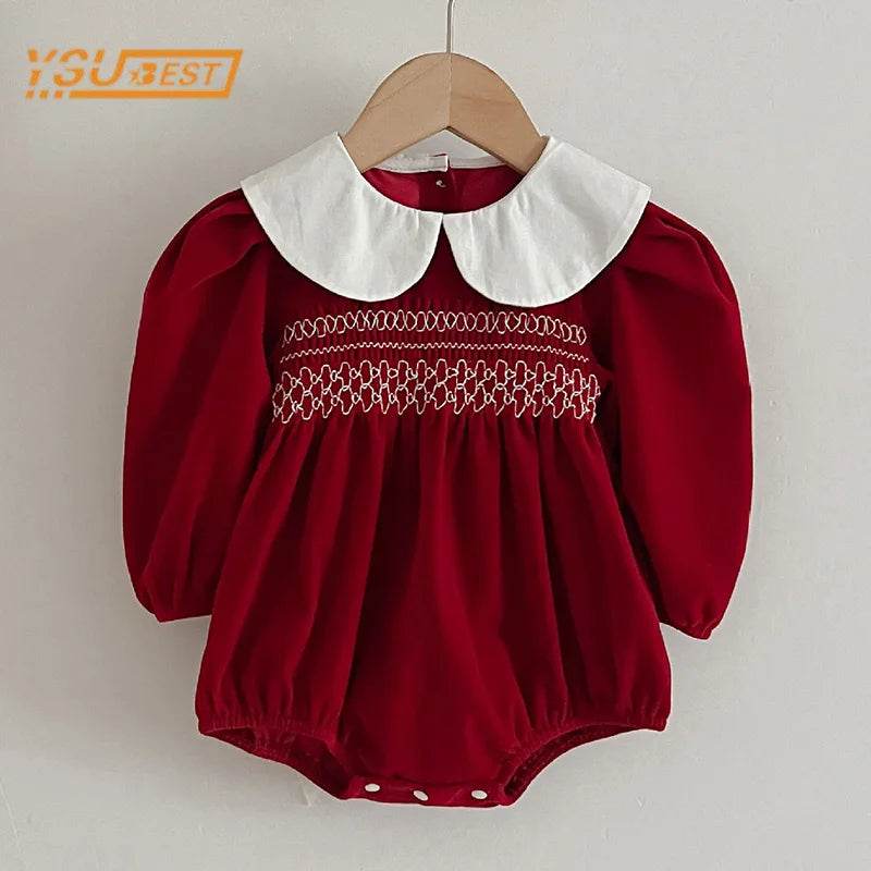 Autumn Cozy Soft Cotton Sweet Solid Color Long Sleeve Rompers With Peter Pan Collar For Baby Girls - ToylandEU